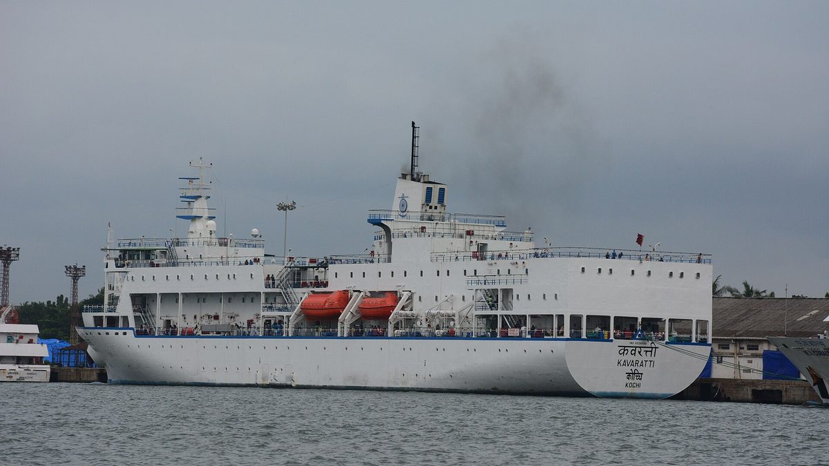 The government passenger ship M.V. Kavaratti docked at Kochi, with its name and home port Kochi painted on the hull