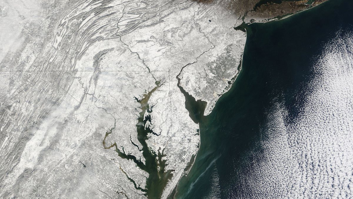 Satellite view of Maryland, the Chesapeake Bay and the Delmarva Peninsula almost entirely covered in snow after the February 2010 blizzard
