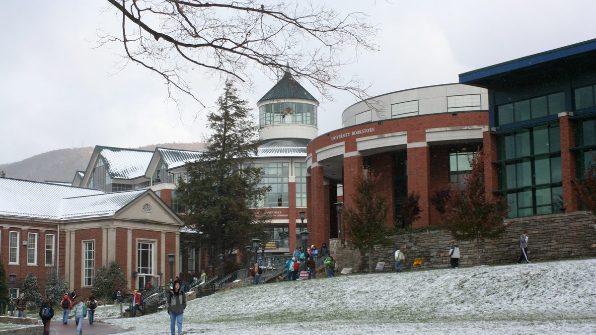 Snow covering Sanford Mall on the Appalachian State University campus in Boone, North Carolina